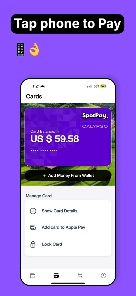 SpotPay: Mobile Wallet - Interfaz de la aplicación SpotPay que muestra una tarjeta de pago virtual con saldo y opciones de integración de Apple Pay