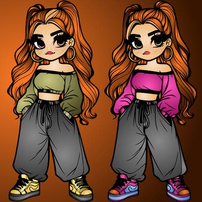 a pretty girl with baggy pants and baggy shirt.
