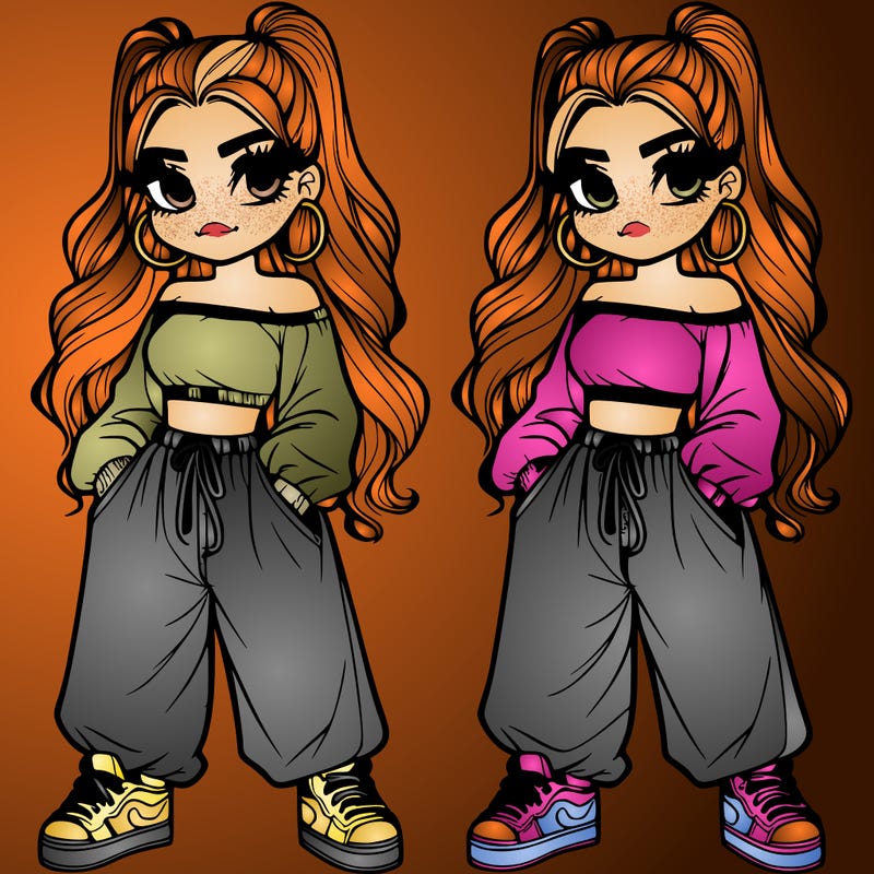 a pretty girl with baggy pants and baggy shirt.