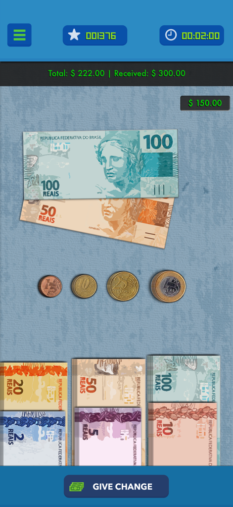 Take Your Money - Juego de la aplicación Take Your Money que muestra cómo dar el cambio con billetes y monedas del Real brasileño.