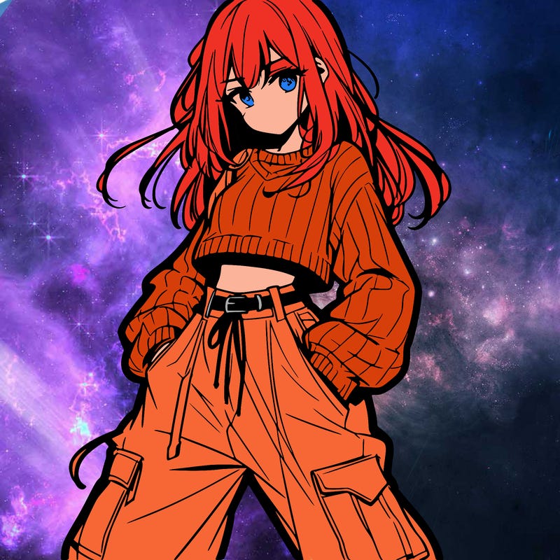 anime teen girl with baggy pants and crop top with sweater