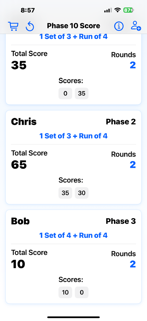 Phase 10 Score - Scoreboard screen of the Phase 10 Score app showing individual player totals and phase progress