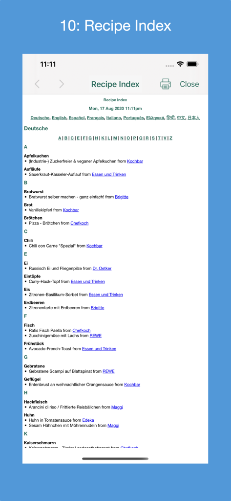 A detailed recipe index in the Recipe Collector app organized alphabetically by language with source website links.
