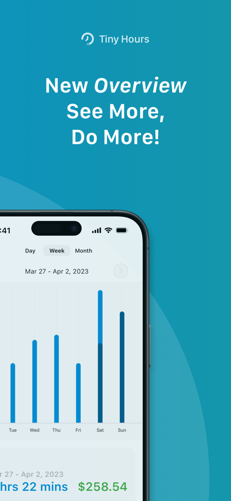 Tiny Hours Tracker, Time Clock - Wöchentliche Arbeitszeit-Balkendiagramm und Gesamtverdienstübersicht in der Tiny Hours Tracker App