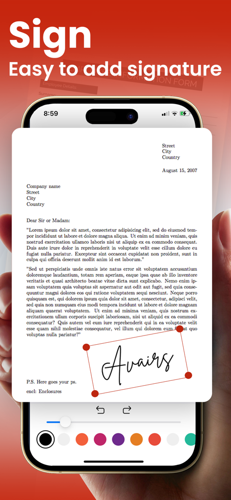 Interfaz de aplicación móvil que muestra cómo agregar una firma digital a un documento PDF