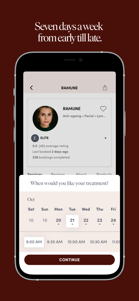Ruuby - At-Home Beauty - Ruuby app interface for booking an elite beauty professional for at-home facial treatments