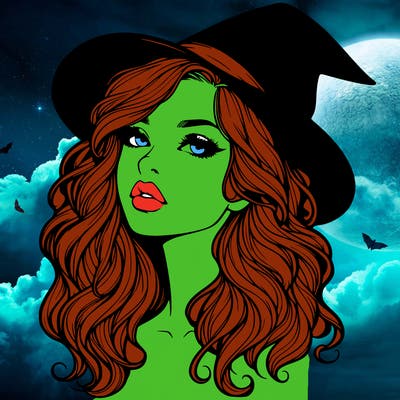 realistic witch girl with wavy hair and lips