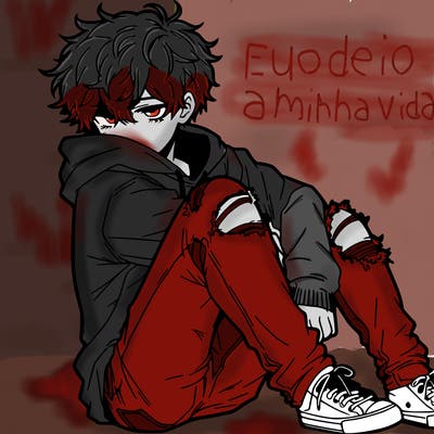 a male hoddie ripped jeans messy hair anime