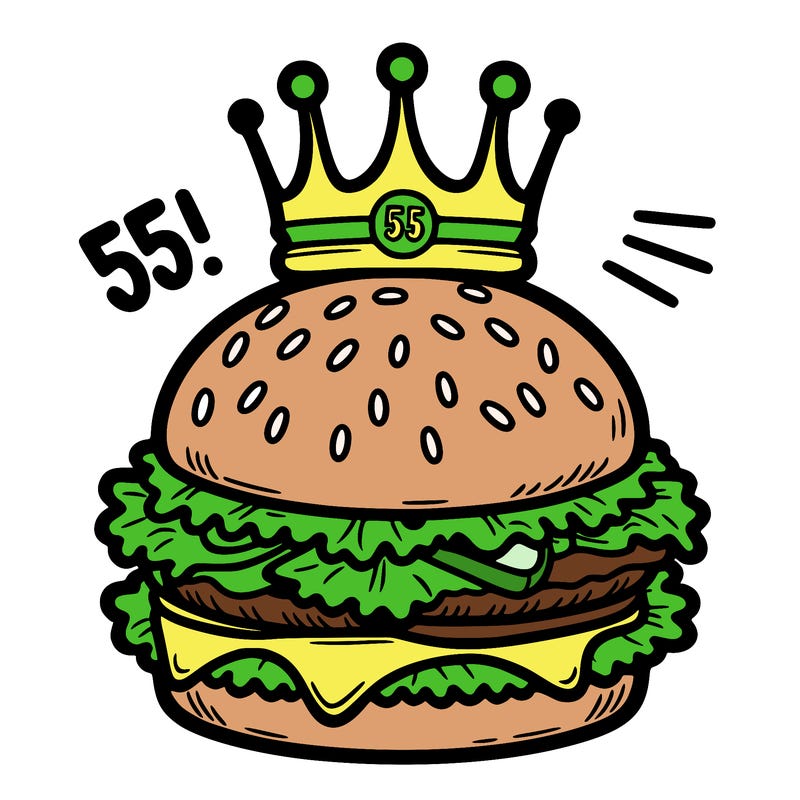 a hamburger with 55 crowns
