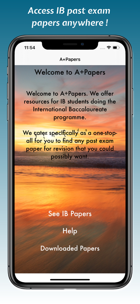 A+Papers: IB Exam Papers - The welcome screen of the A+Papers app for IB exam revision featuring a calming sunset background.