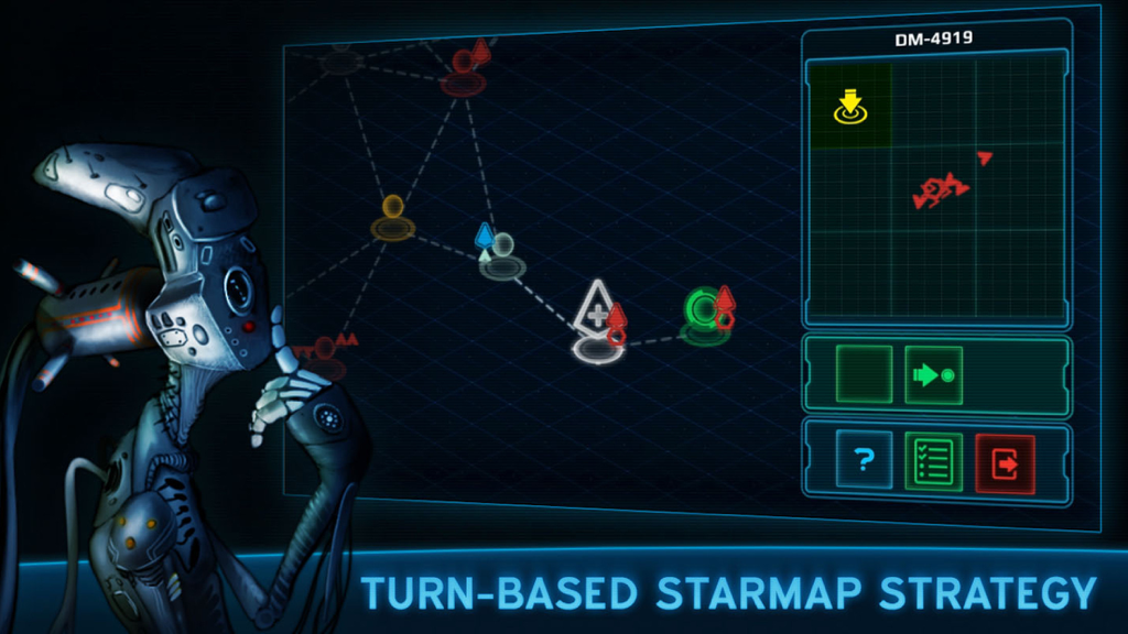 An alien character analyzing a tactical turn-based star map strategy screen in the space game Battlevoid Harbinger.