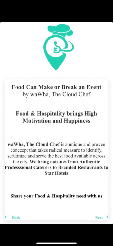 waWha - Tela introdutória do aplicativo waWha explicando seu conceito de catering Cloud Chef.