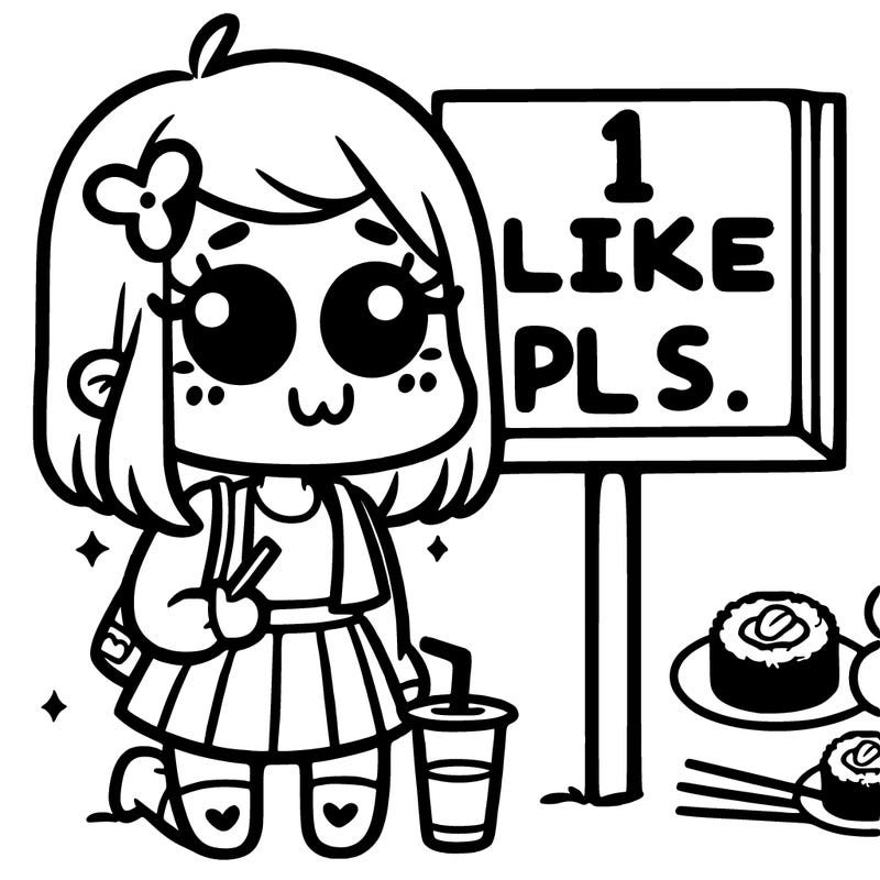 girl by sushi sign saying 1 like pls