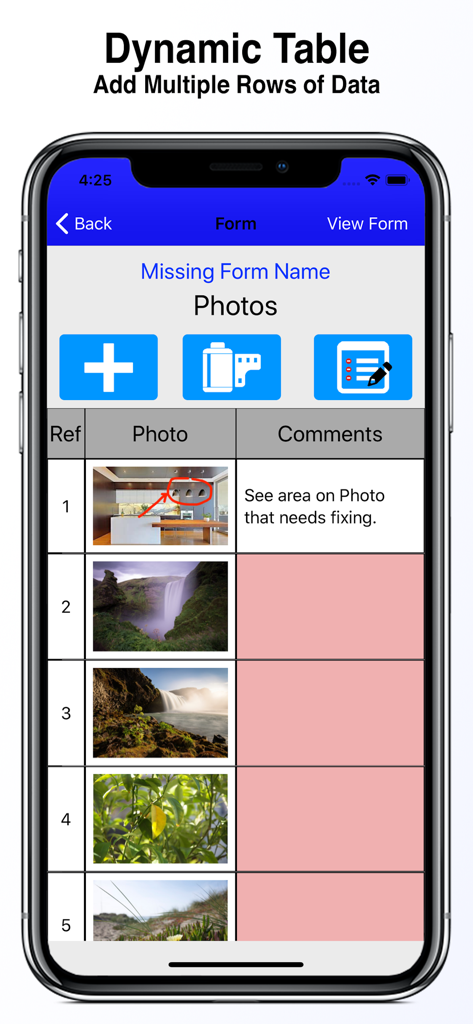 Uma tela móvel mostrando um recurso de tabela dinâmica no aplicativo Forms com fotos e comentários para relatórios de campo.