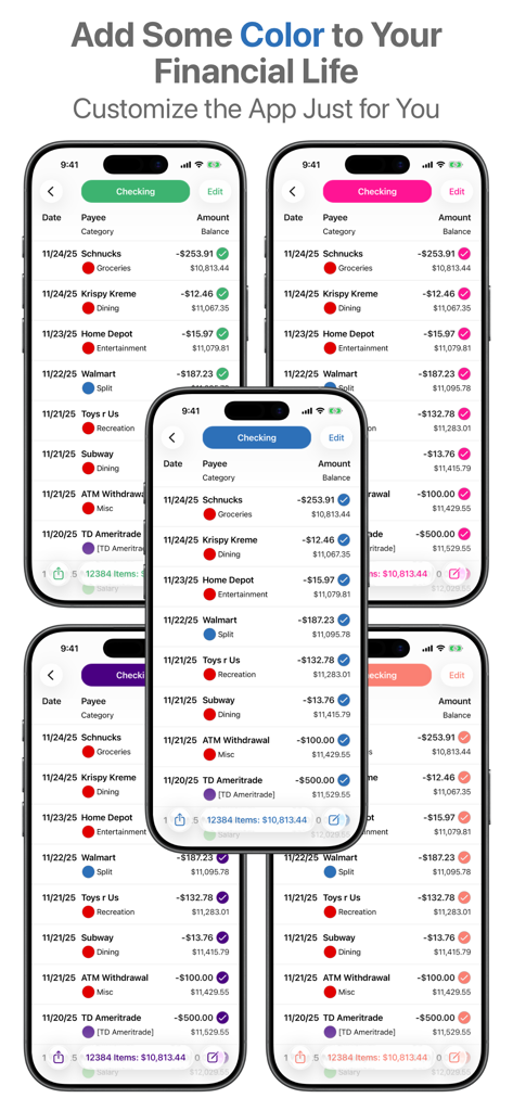 SEE Finance 3 Mobile - SEE Finance 3 Mobile app transaction list with various color themes on iPhones.