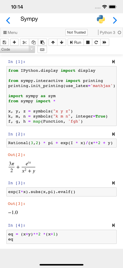 Carnets Jupyter mobile app interface showing a notebook with Sympy code and mathematical expression rendering