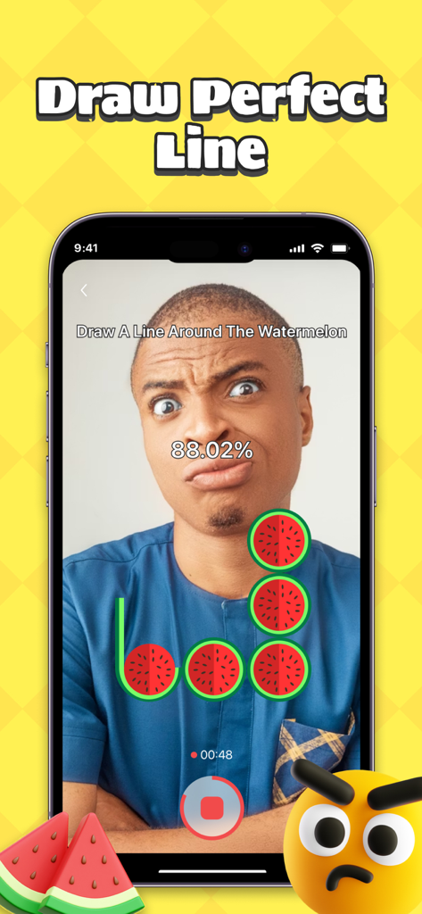 A mobile screen showing a user playing the Watermelon Draw Challenge where they must draw a line around watermelons to achieve a high accuracy score.