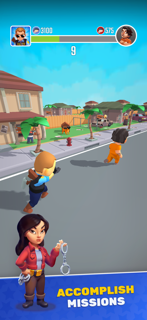 Police Department Tycoon - A police officer chasing a criminal in a suburban neighborhood while a detective holds handcuffs.