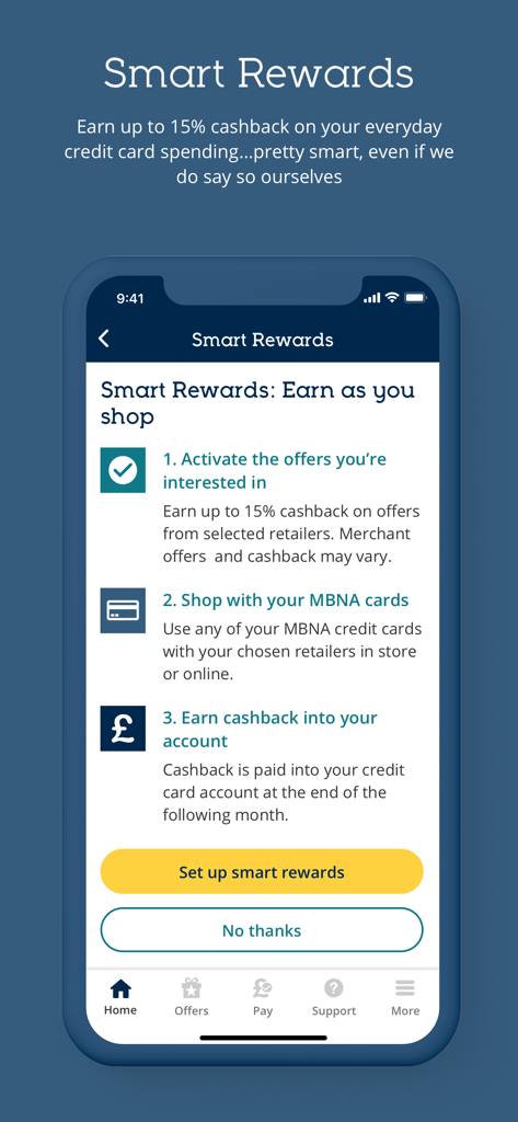 The Smart Rewards screen of the MBNA Mobile App showing how to earn cashback by activating offers and shopping with an MBNA credit card.