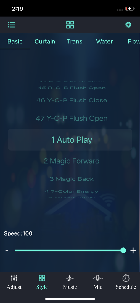 Magic-Lantern app interface showing different lighting style modes and a speed control slider for LED strips.