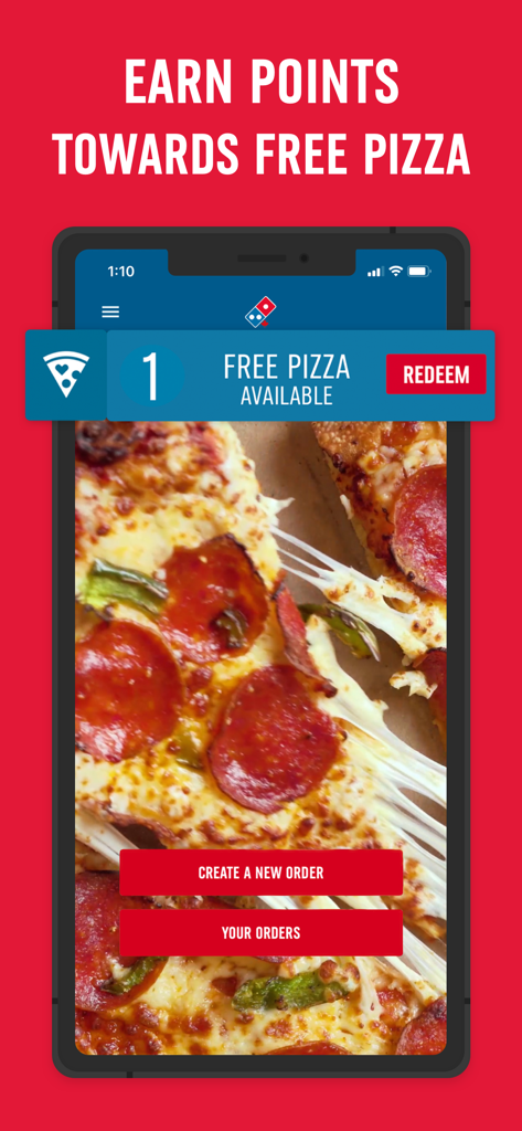 Domino's Canada app screen displaying loyalty points and a free pizza reward