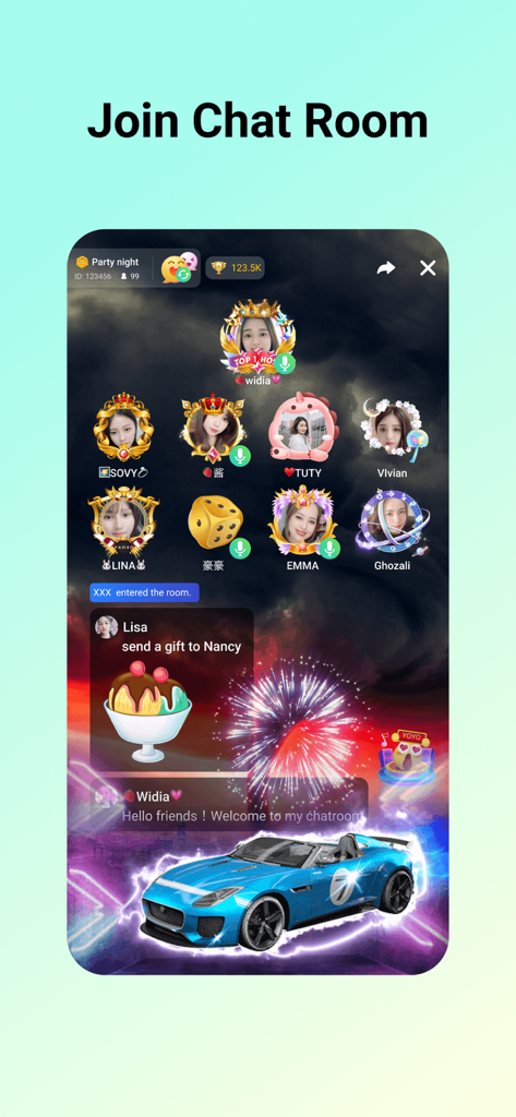 YoYo - Voice Chat Room - A group voice chat room in the YoYo app showing user avatars with decorative frames and a virtual sports car gift