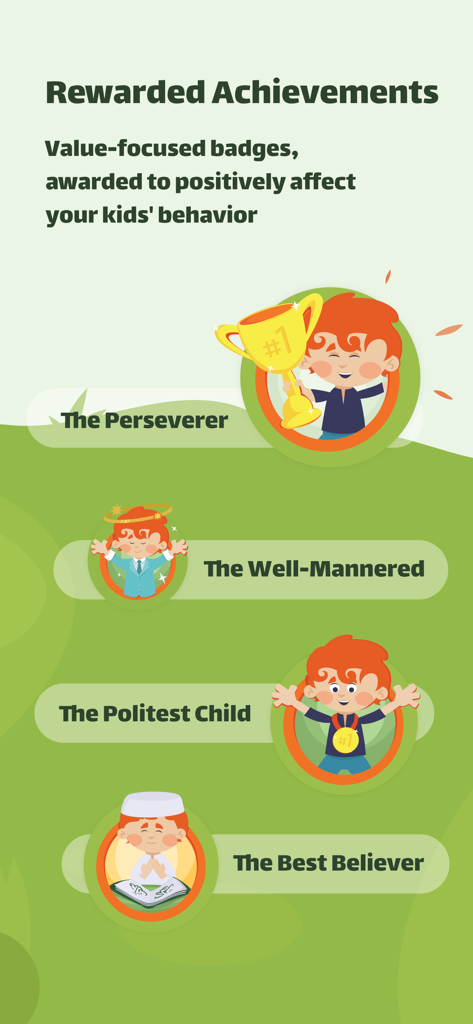 Screenshot of Hasanati app showing rewarded achievement badges for kids such as The Perseverer and The Best Believer