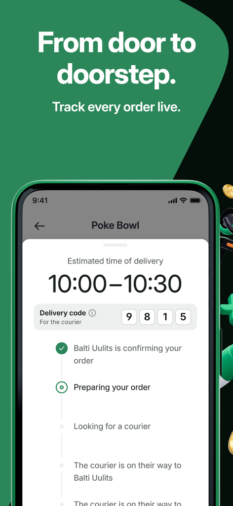 Bolt Food - Un teléfono móvil mostrando la pantalla de seguimiento de pedidos de la app Bolt Food con una actualización del estado de entrega en vivo.
