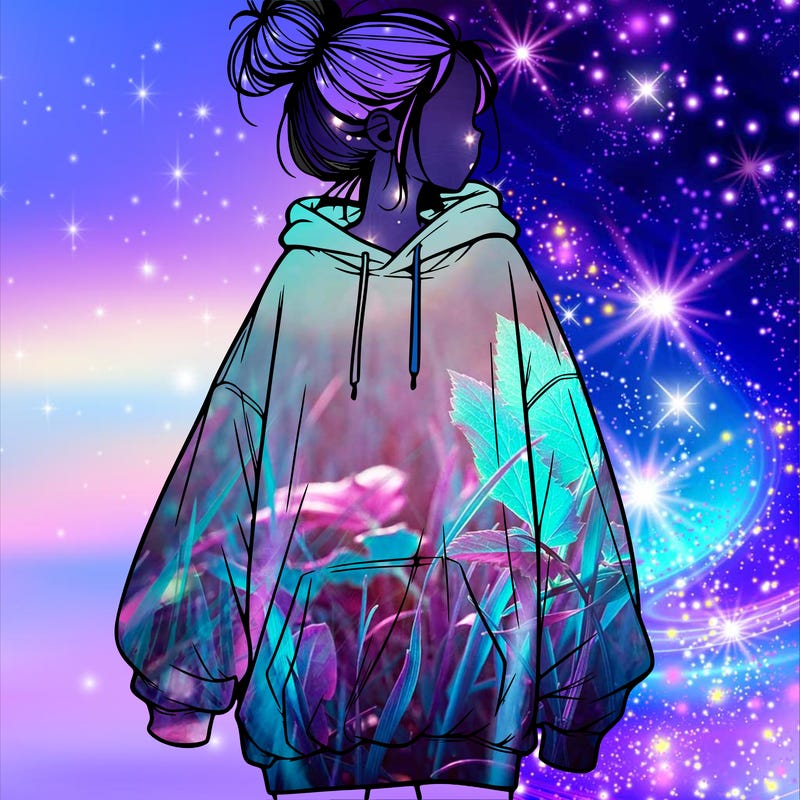 realistic girl with a oversized sweatshirt on and a bun