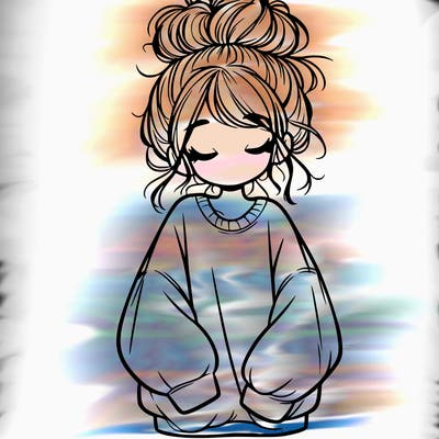girl with baggy sweatshirt and messy bun