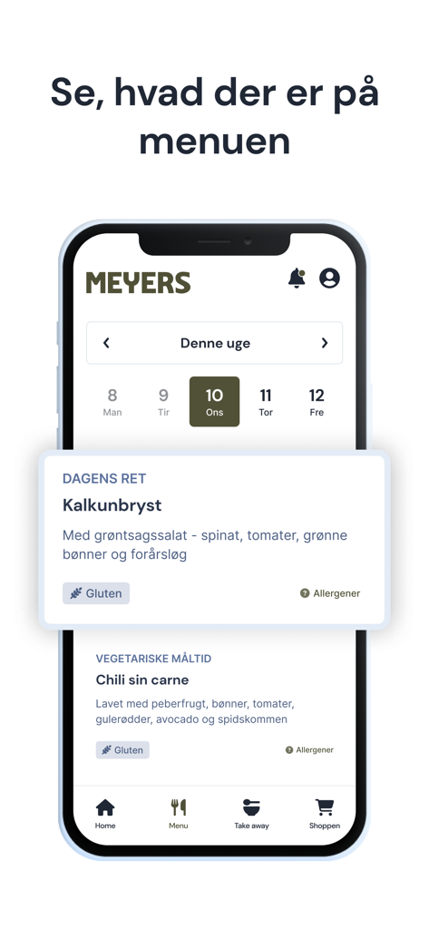 Meyers Mad - Meyers Mad app interface showing the daily canteen menu with food descriptions and allergens.