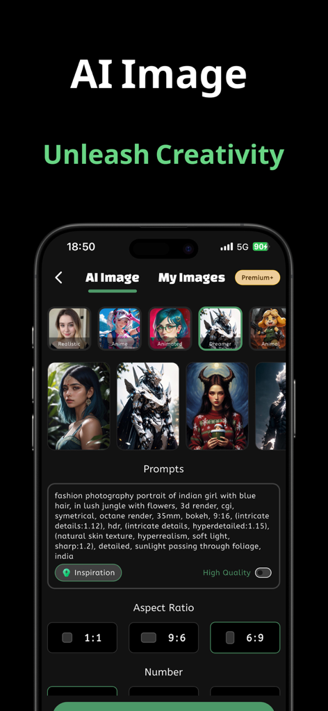 The AI image generation interface of the Chatter app showing style categories and a text prompt input box.