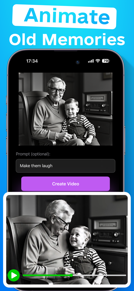 My Video AI - Image To Video - A mobile app interface showing how an old black and white photo of a grandfather and grandson is animated into a video of them laughing using AI.