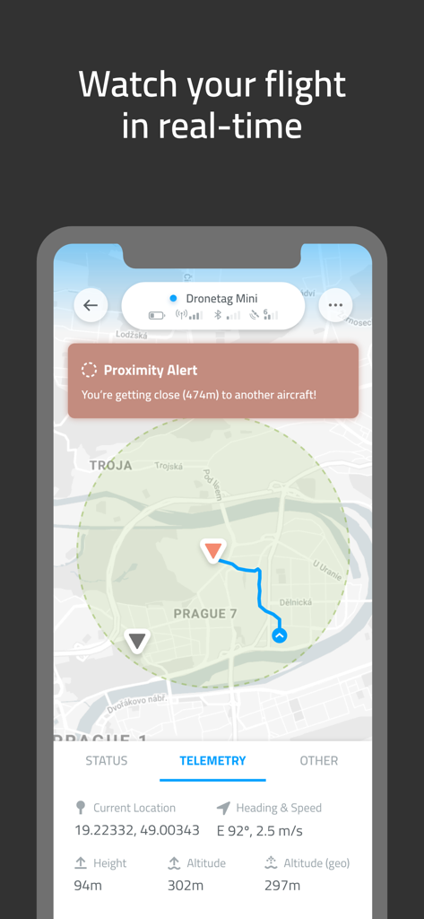 Dronetag - Dronetag app interface showing real time drone flight map with telemetry data and proximity alert