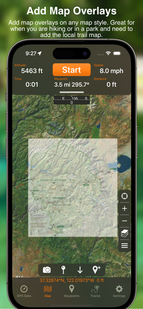 Pantalla de iPhone que muestra la aplicación GPS Tracks con una superposición de mapa personalizado del Parque Nacional de Yosemite sobre un fondo satelital.