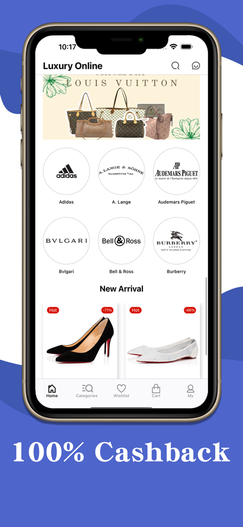 ラグジュアリーオンラインモバイルアプリのインターフェース。デザイナーブランドのロゴと割引されたファッションアイテムが表示されています。