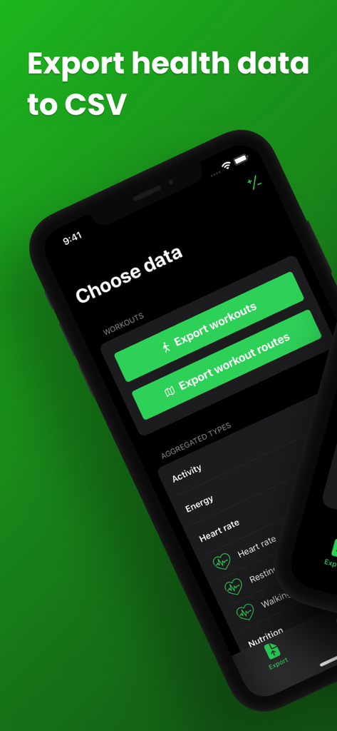 Health Export CSV - Health Export CSV app screen showing options to export workout data and health metrics like heart rate