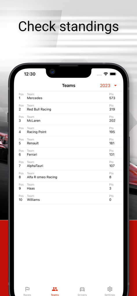 Formula 2026 mobile app screen showing Formula 1 team standings leaderboard