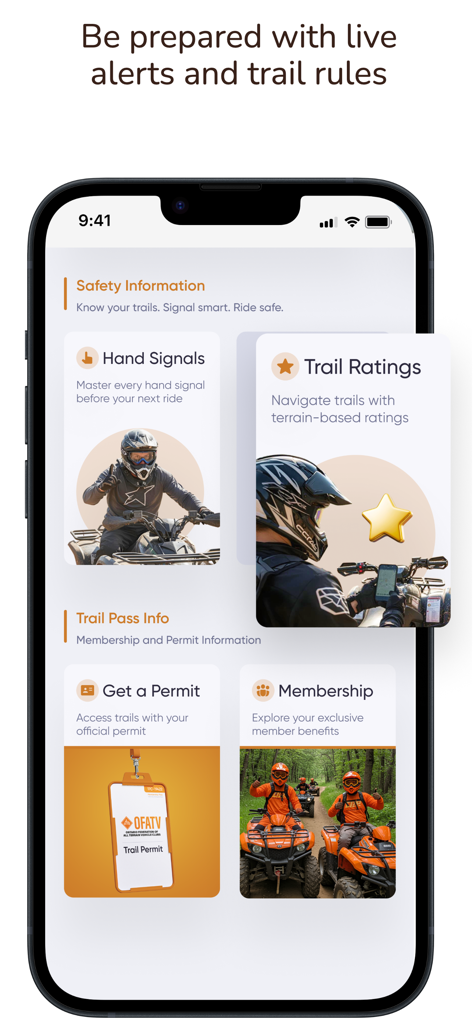 QuadON app screen showing safety info trail ratings and permit management