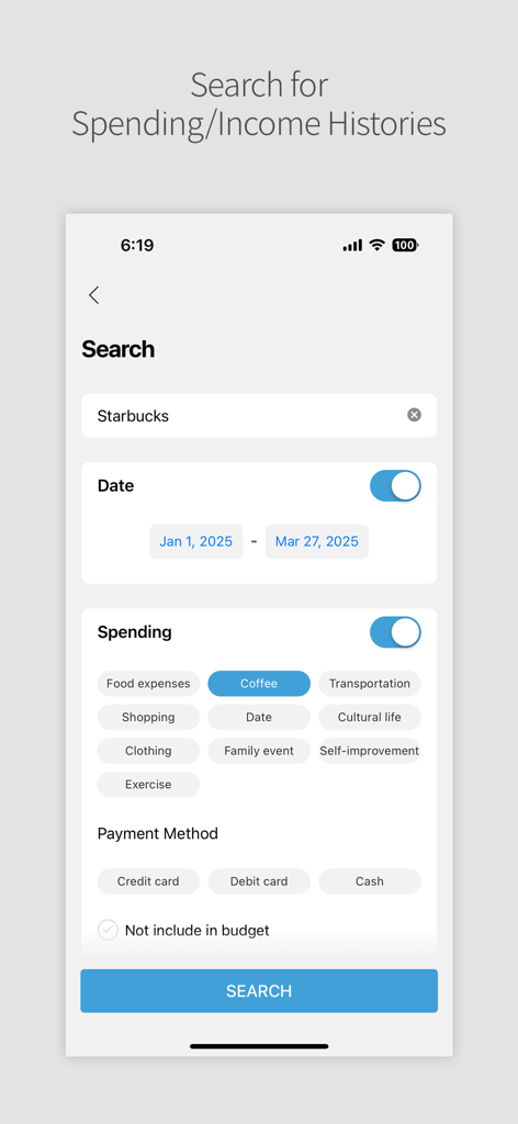Daily Pocket app search interface showing filters for date range, spending categories like coffee, and payment methods.