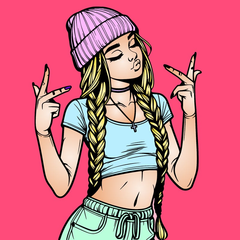 realistic teenage girl with braids and a beanie and crop top doing 🫶🏼