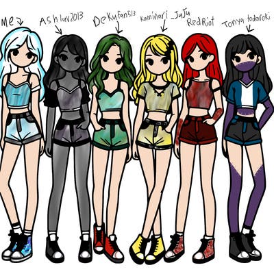 a group of girls wearing crop tops and shorts