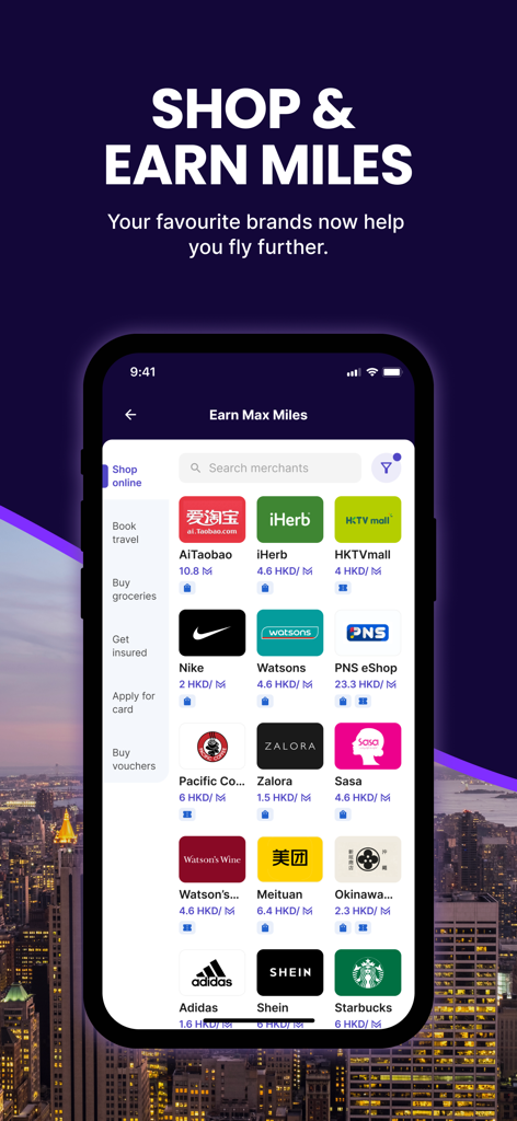 HeyMax: Buy Vouchers Get Miles - HeyMax mobile app interface displaying a list of partner brands like Nike and Starbucks where users can shop and earn travel miles.
