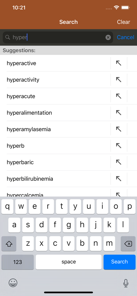 Mobile app search screen showing medical word suggestions for hyper terminology.