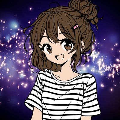 anime girl teenager striped shirt and smile and messy bun