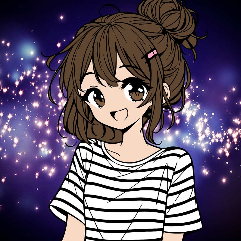 anime girl teenager striped shirt and smile and messy bun