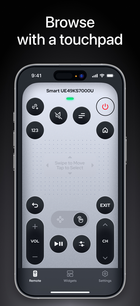 A universal TV remote app interface on an iPhone featuring a large touchpad for swiping and tapping navigation