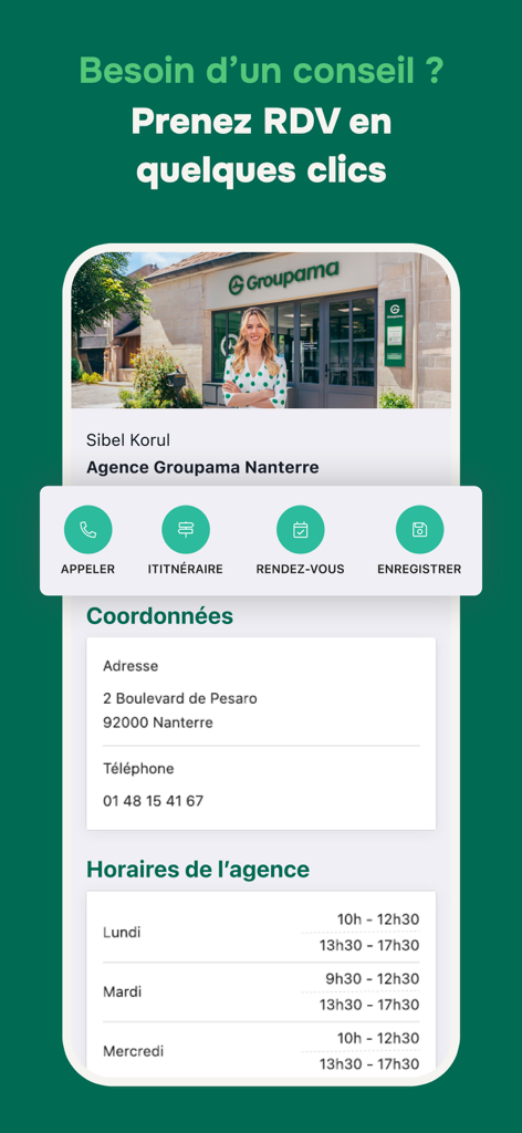 Pantalla móvil de la aplicación Groupama que muestra la información de contacto de la agencia de seguros, los horarios de apertura y las opciones de reserva de citas.