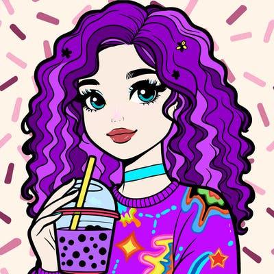 pretty teenager curly hair drinking boba