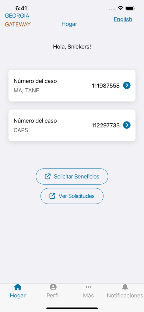 GA Gateway mobile app home screen in Spanish displaying benefit case numbers for MA TANF and CAPS